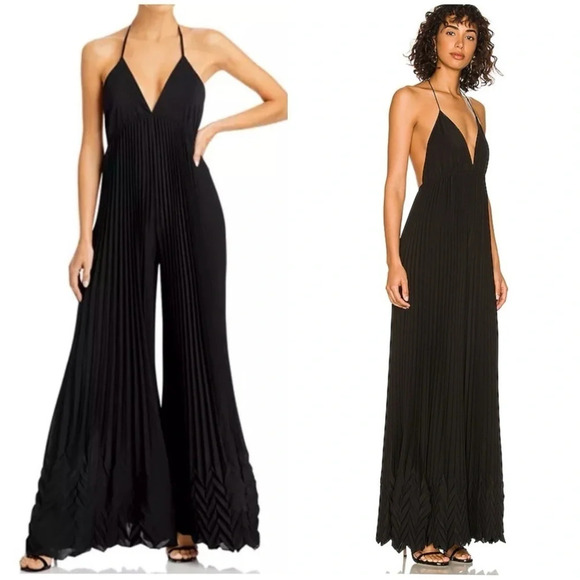 Alice + Olivia Pants - ALICE + OLIVIA Black Adalyn Halter Pleated Jumpsuit SZ US 12